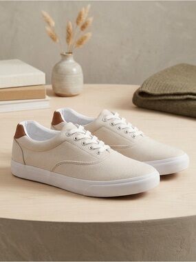 J. Crew Men's Cream Canvas Low-Top Sneakers with Brown Heel